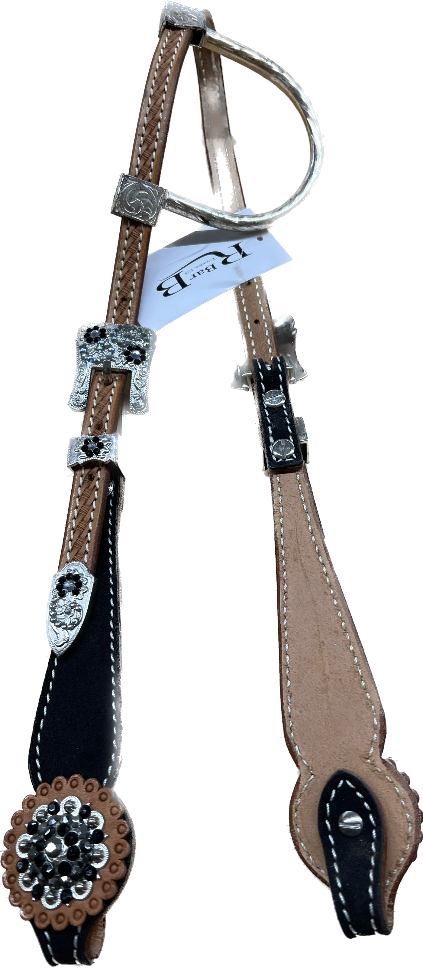 Triple "W" Sample Headstall With Basket Tooled, Black Suede Cheek and Black and White Crystals