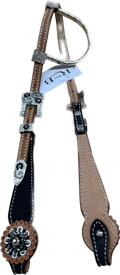 Triple "W" Sample Headstall With Basket Tooled, Black Suede Cheek and Black and White Crystals