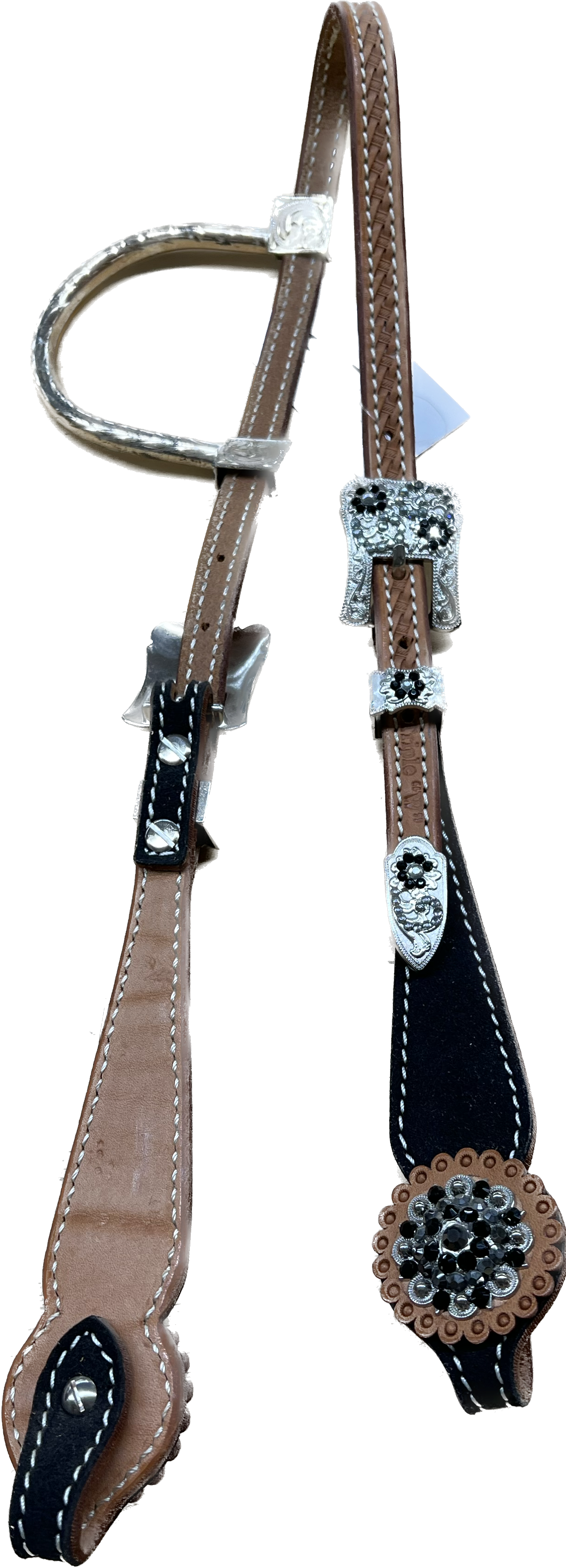 Triple "W" Sample Headstall With Basket Tooled, Black Suede Cheek and Black and White Crystals