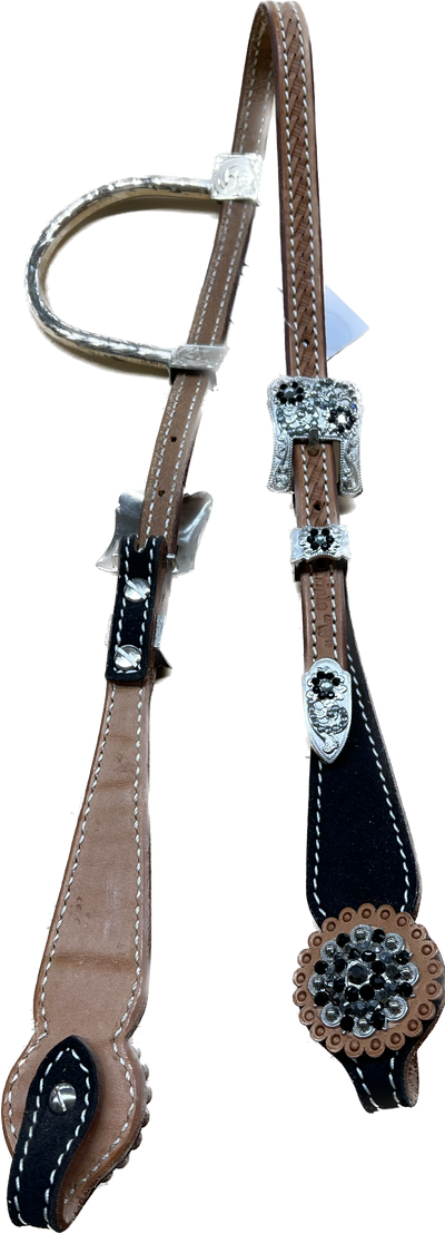 Triple "W" Sample Headstall With Basket Tooled, Black Suede Cheek and Black and White Crystals