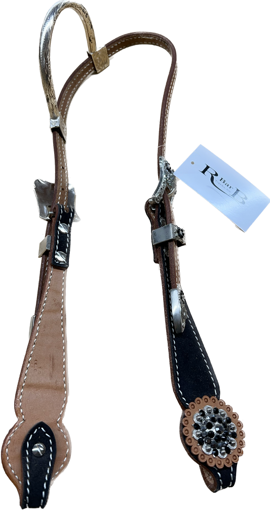 Triple "W" Sample Headstall With Basket Tooled, Black Suede Cheek and Black and White Crystals