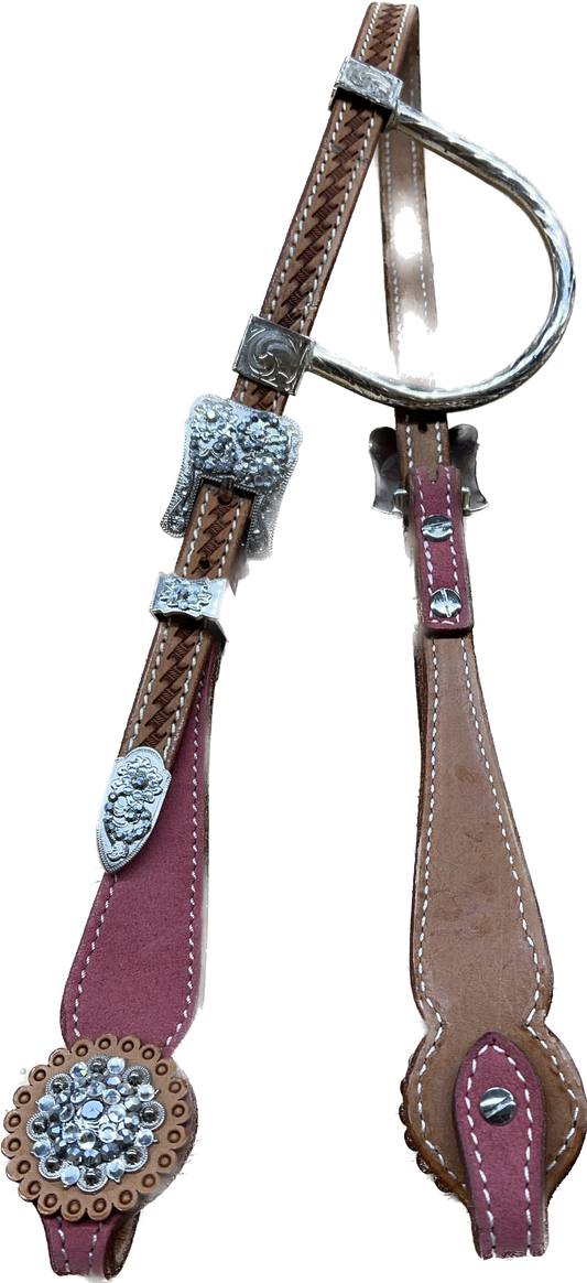 Triple "W" Sample Headstall With Basket Tooled, Pink Suede Cheek and  White Crystals