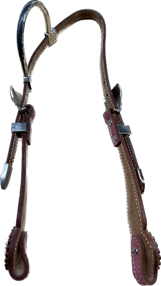 Triple "W" Sample Headstall With Basket Tooled, Pink Suede Cheek and  White Crystals