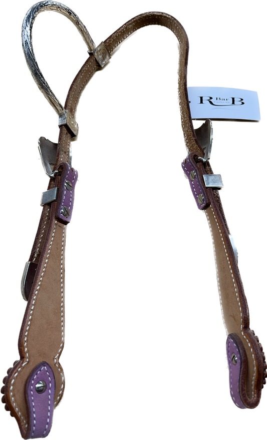 Triple "W" Sample Headstall With Basket Tooled, Pink Suede Cheek and Gray and White Crystals
