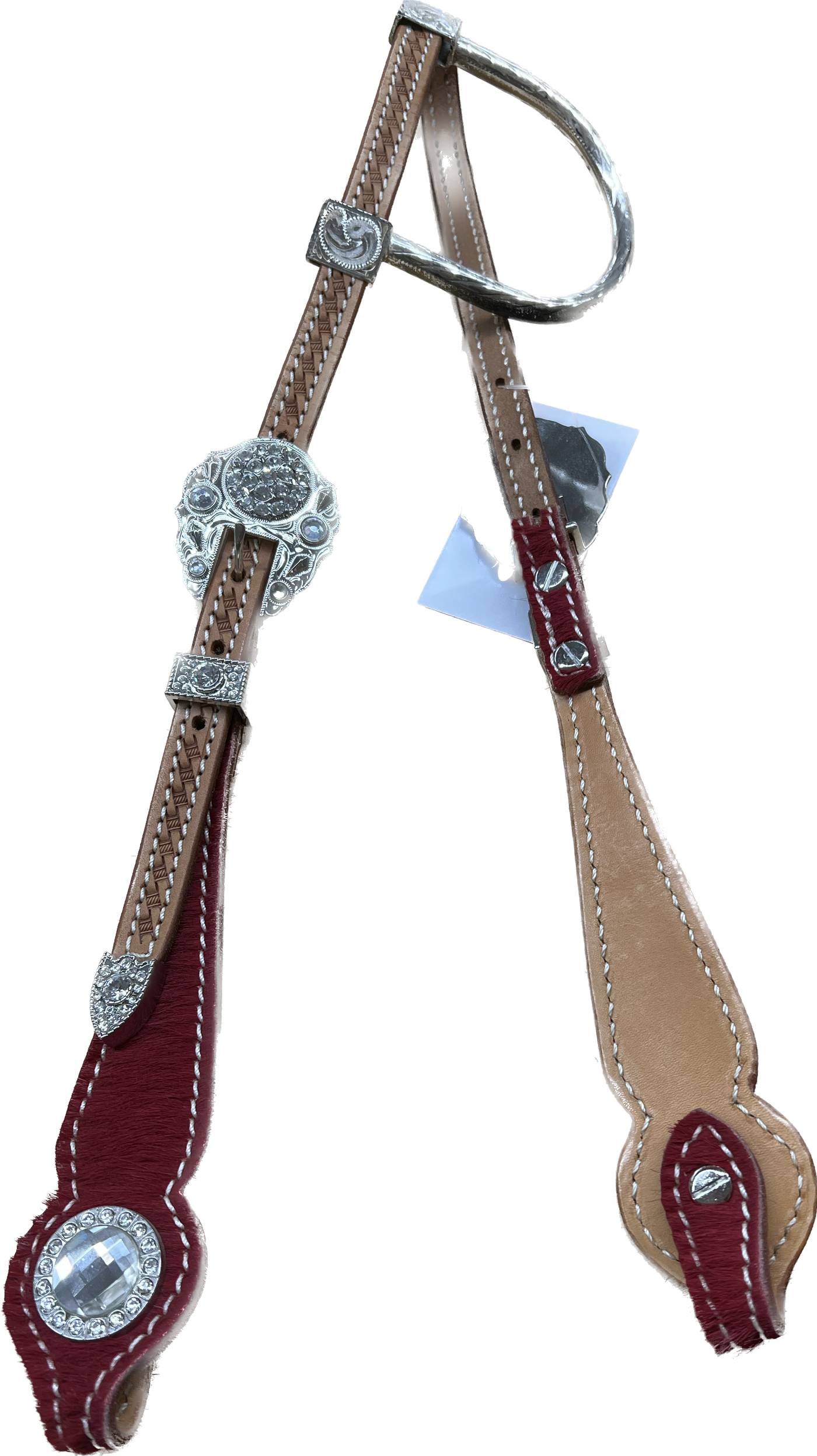 Triple "W" Sample Headstall With Basket Tooled, Red Hair on Cheek and White Crystals