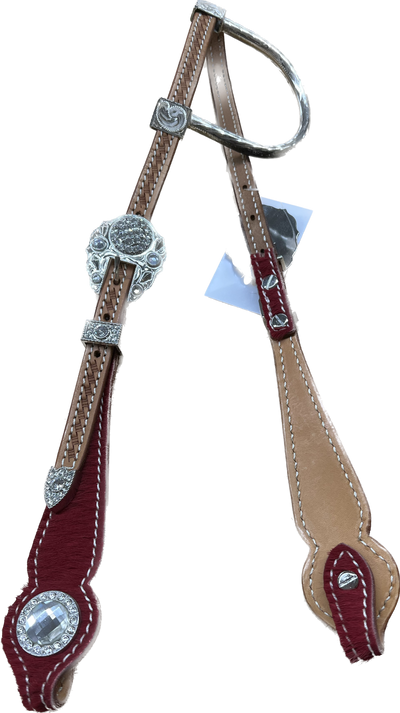 Triple "W" Sample Headstall With Basket Tooled, Red Hair on Cheek and White Crystals