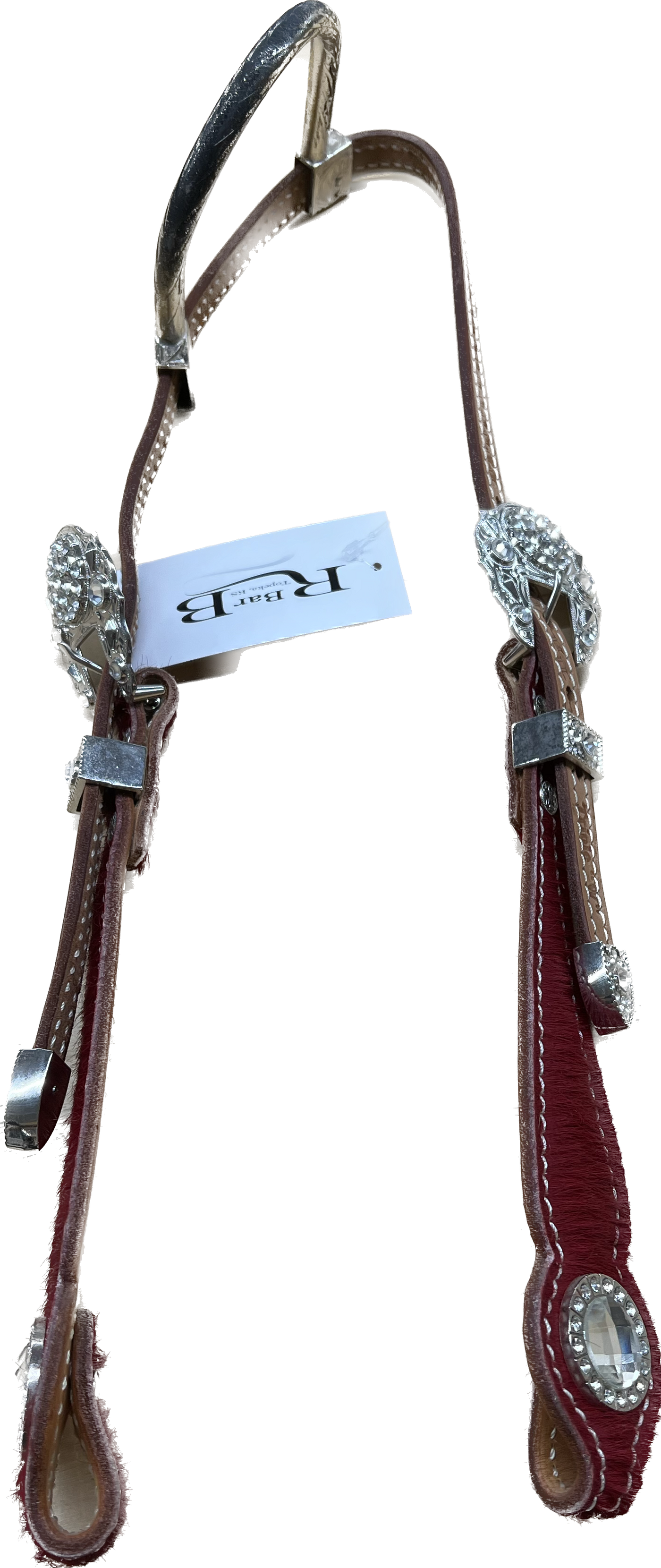 Triple "W" Sample Headstall With Basket Tooled, Red Hair on Cheek and White Crystals