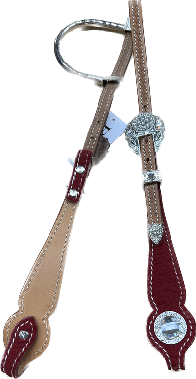 Triple "W" Sample Headstall With Basket Tooled, Red Hair on Cheek and White Crystals