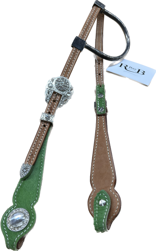 Triple "W" Sample Headstall With Basket Tooled, Green Hair on Cheek and White Crystals