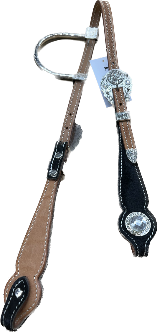 Triple "W" Sample Headstall With Basket Tooled, Black Hair on Cheek and White Crystals