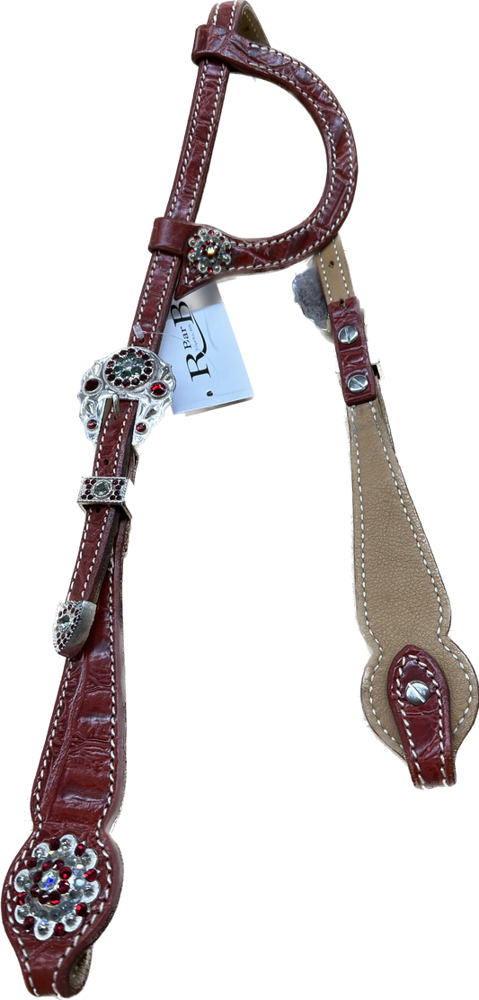 Sample Headstall Red Gator Print One Ear With Red and White Crystal Conchos and Buckles