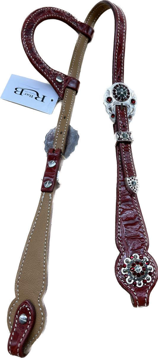 Sample Headstall Red Gator Print One Ear With Red and White Crystal Conchos and Buckles