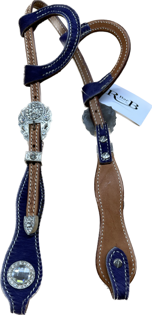 Sample Triple "W" Headstall Basket Tooled With Purple Hair on Side Cheek and Double Ear, White Crystal Buckles and Conchos