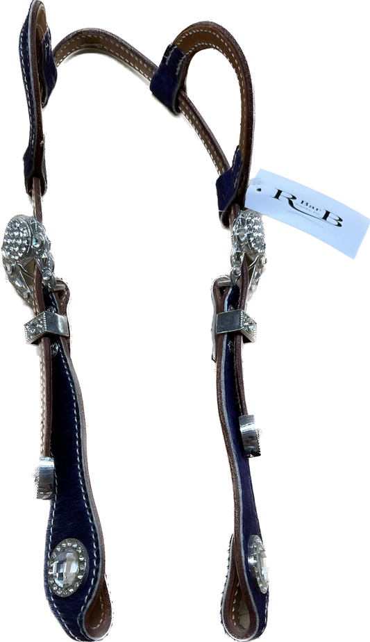 Sample Triple "W" Headstall Basket Tooled With Purple Hair on Side Cheek and Double Ear, White Crystal Buckles and Conchos