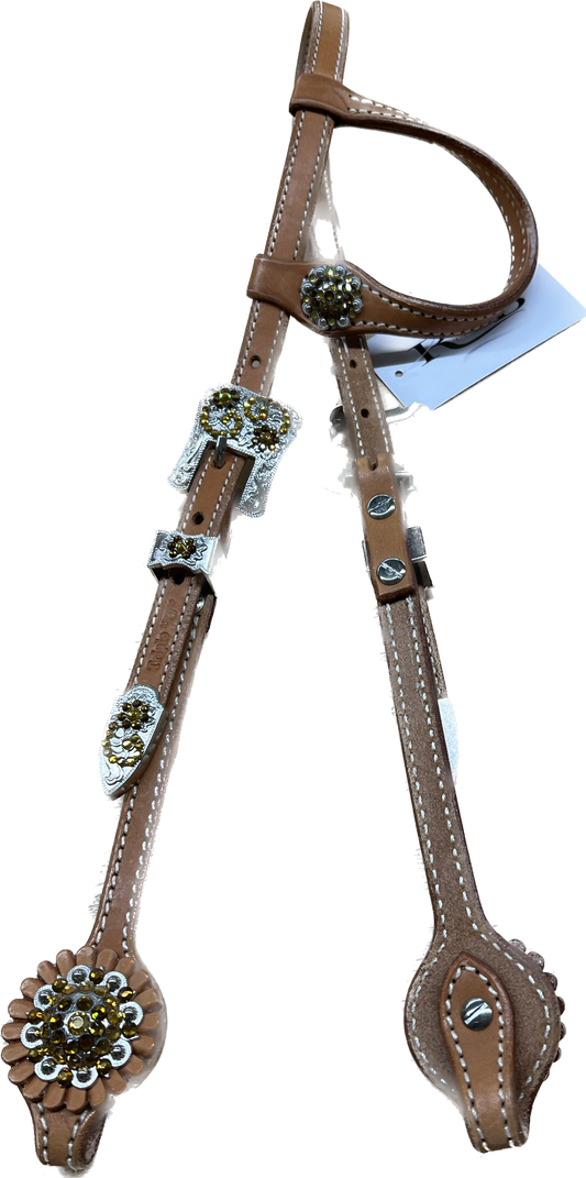 Sample Triple "W" Headstall One Ear With Gold and Brown Conchos and Buckle
