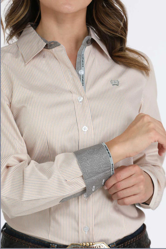 Cinch Women's Tencel Long Sleeve Button Down Orange, Cream, Charcoal Striped Shirt