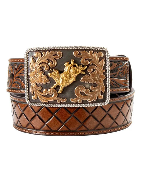 3D Boy's Basket Weave Embossed Leather Belt w/Bull Rider Buckle