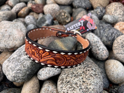 Rafter T Brown Leather Tooled Dog Collar w/White Buckstitch