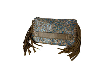 Justin Turquoise Washed Tooled Leather Clutch Wallet w/Fringe