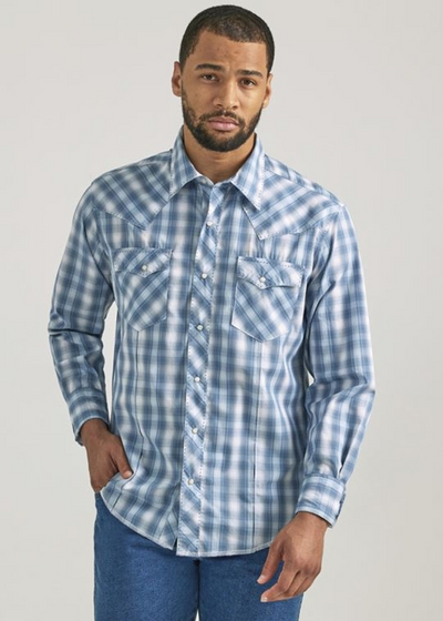 Wrangler Modern Fit Light Blue Plaid Snap Shirt