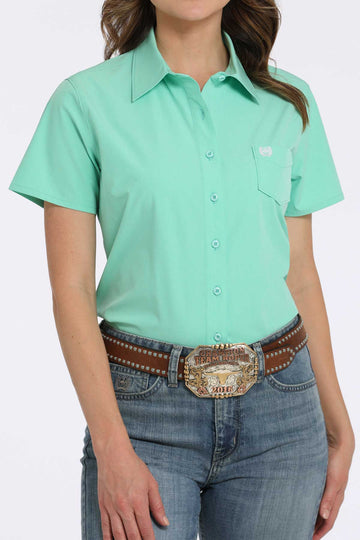 Cinch Women's ArenaFlex Short Sleeve Solid Button-Down Green Western Shirt