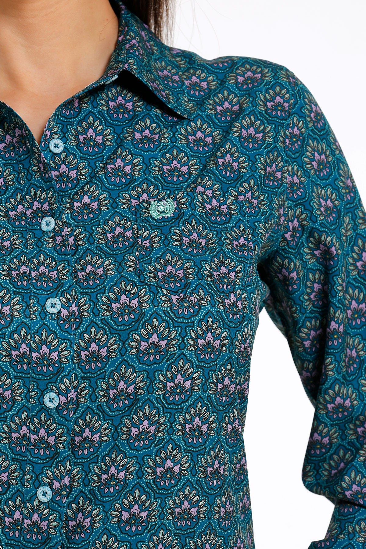 Cinch Women's ArenaFlex Teal Floral Print Button Down Shirt