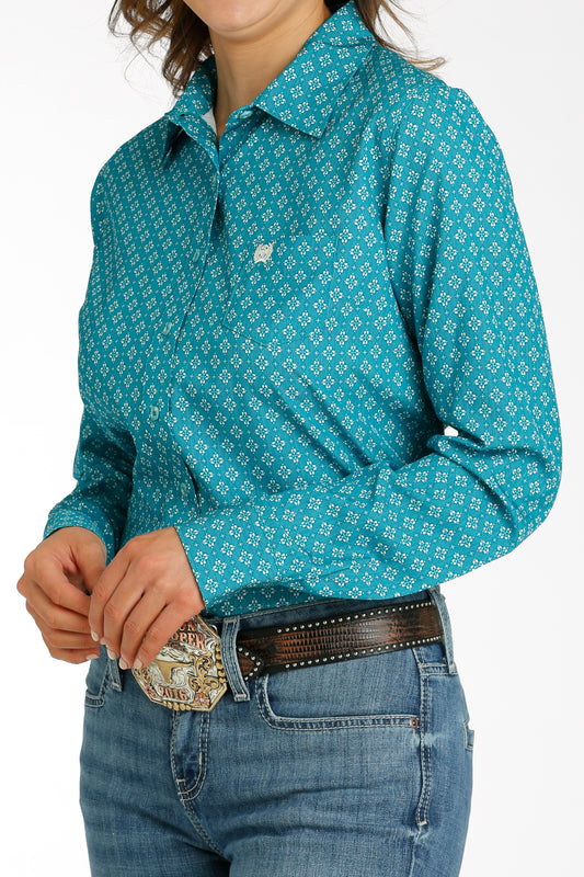 Cinch Women's Teal Geometric Print Long Sleeve ArenaFlex Shirt