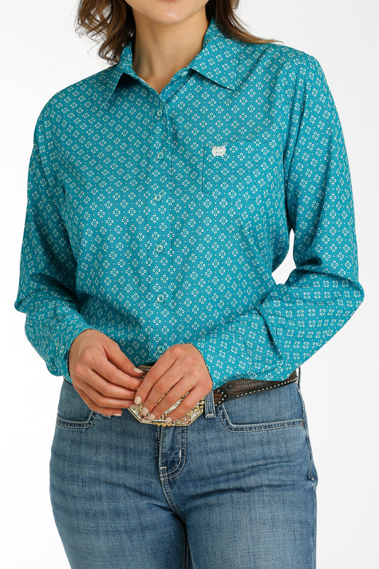 Cinch Women's Teal Geometric Print Long Sleeve ArenaFlex Shirt