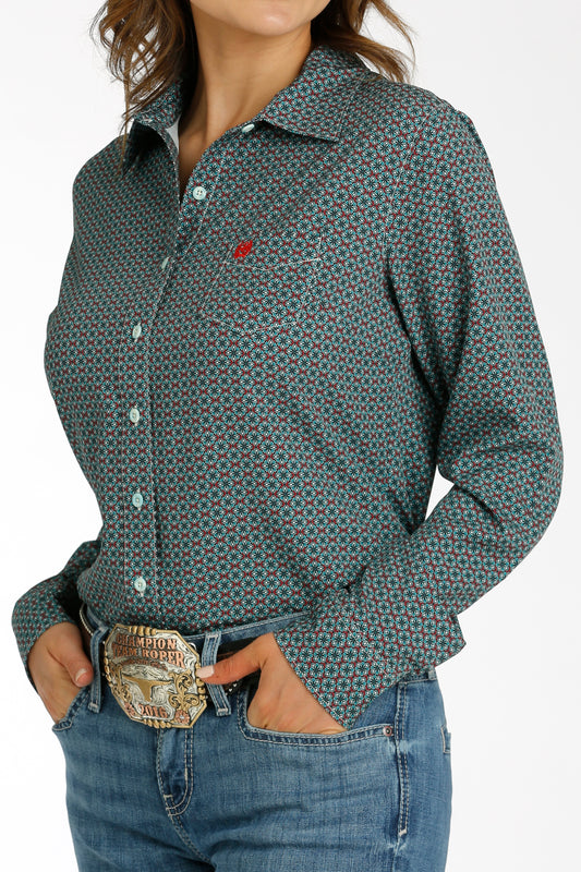 Cinch Women's Teal/Red Geometric Print Long Sleeve ArenaFlex Shirt