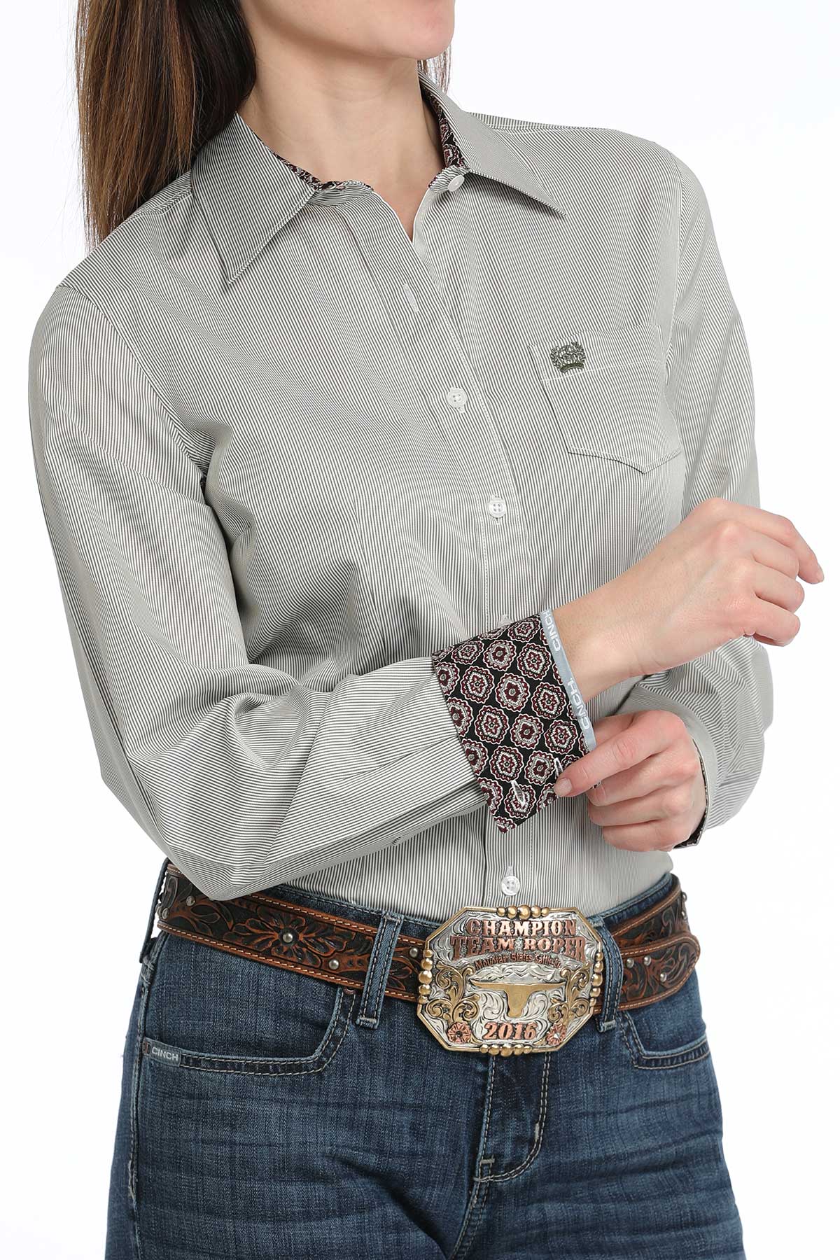 Cinch Women's Olive/White Stripe Button-Down Western Shirt