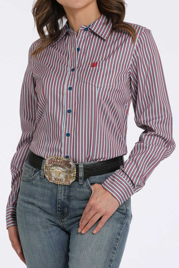 Cinch Women's Red, White, & Blue Tencel Stripe Long Sleeve Shirt