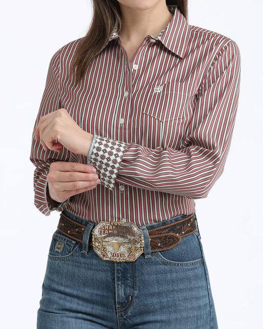 Cinch Women's Tencel Red/Black/White Striped Arena Fit Button-Down Western Shirt