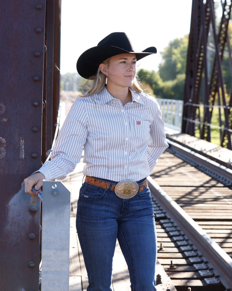 Cinch Women's White Tencel Stripe Long Sleeve Shirt