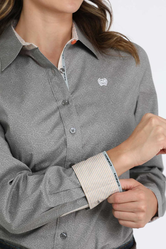 Cinch Women's Grey Paisley Print Long Sleeve Button Down Western Shirt