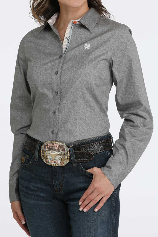 Cinch Women's Grey Paisley Print Long Sleeve Button Down Western Shirt