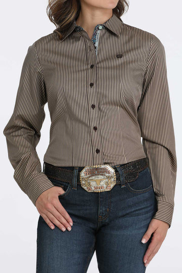 Cinch Women's Brown Stripe Tencel Button Down Long Sleeve Shirt