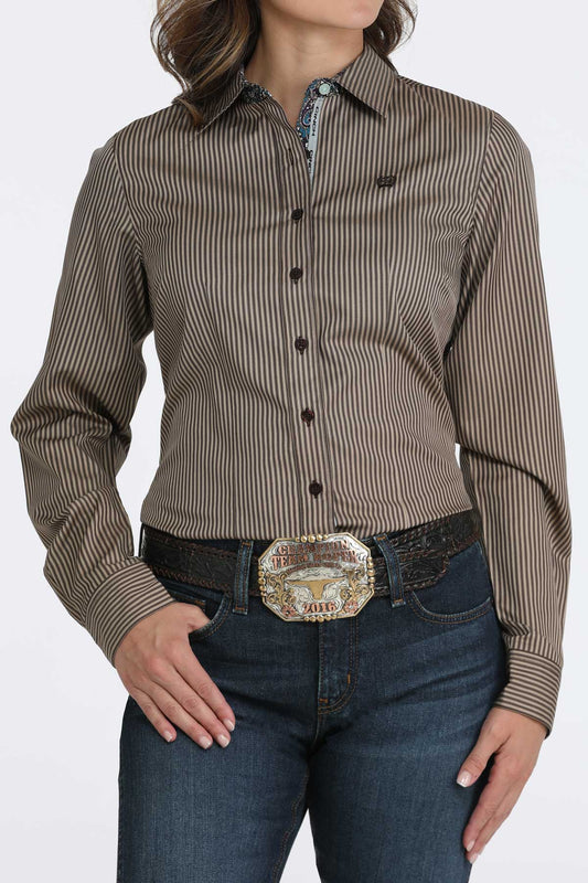 Cinch Women's Brown Stripe Tencel Button Down Long Sleeve Shirt