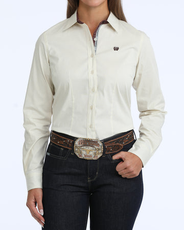 Cinch Women's Cream Striped Print Long Sleeve Button-Down Shirt