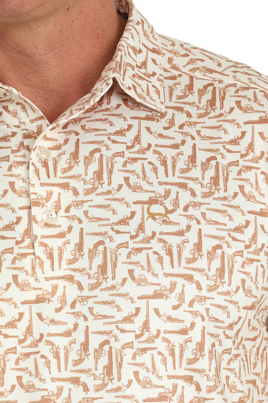 Cinch Men's Cream Revolver Print ArenaFlex Short Sleeve Polo Shirt