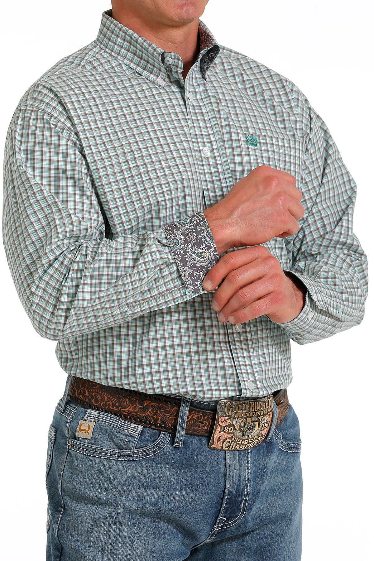 Cinch Men's Green Plaid Long Sleeve Button Down Shirt