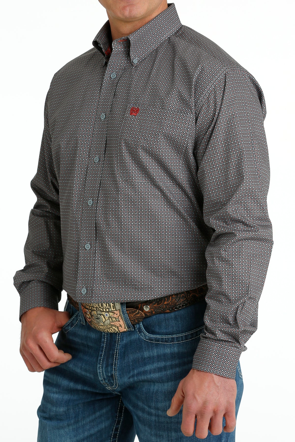 Cinch Men's Grey Geometric Print Long Sleeve Button-Down Shirt