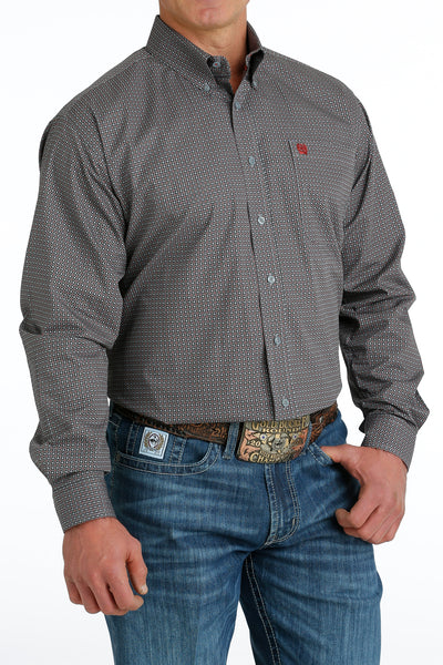Cinch Men's Grey Geometric Print Long Sleeve Button-Down Shirt