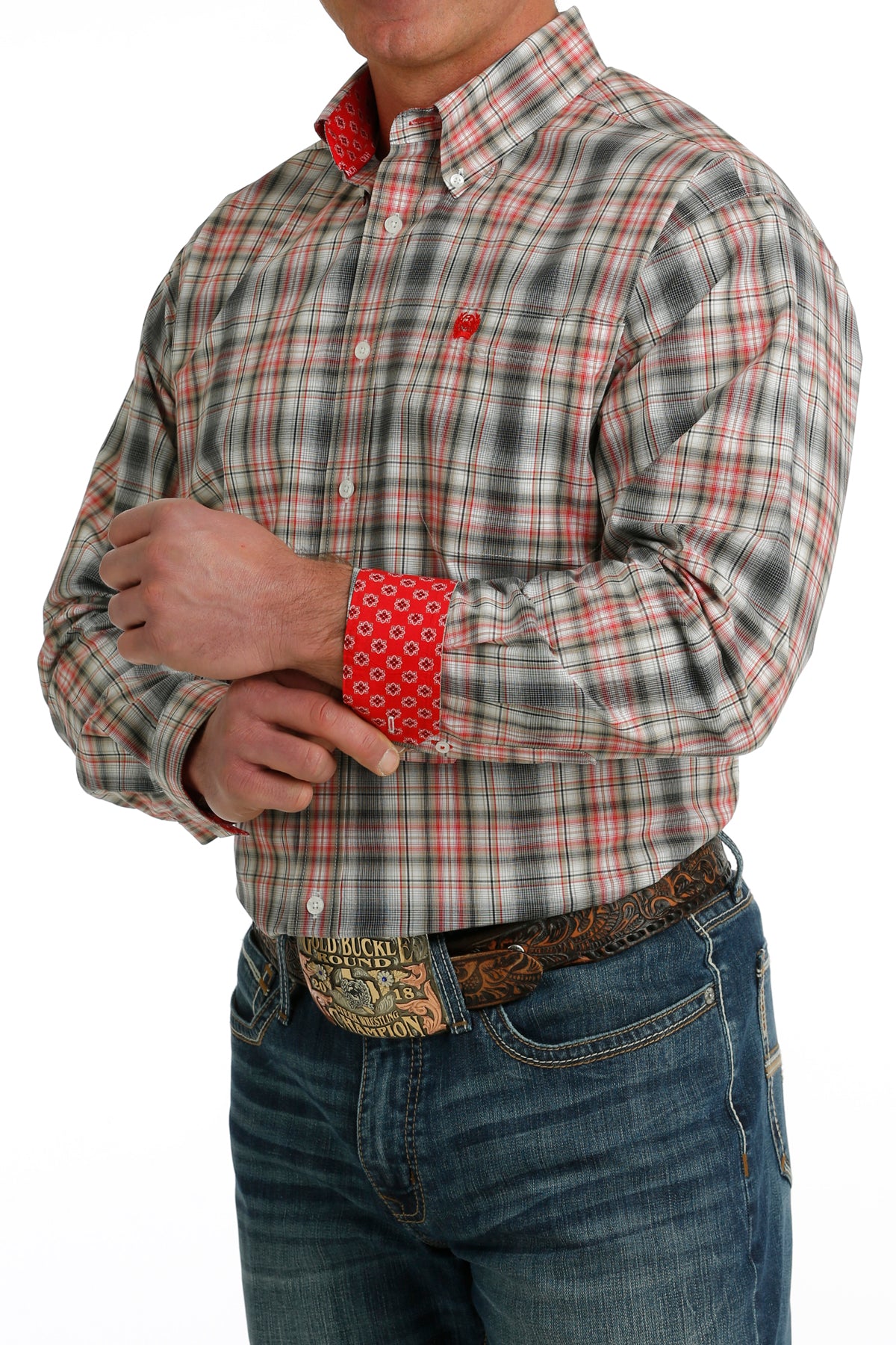 Cinch Men's Red/Black/White/Khaki Plaid Button-Down Western Shirt
