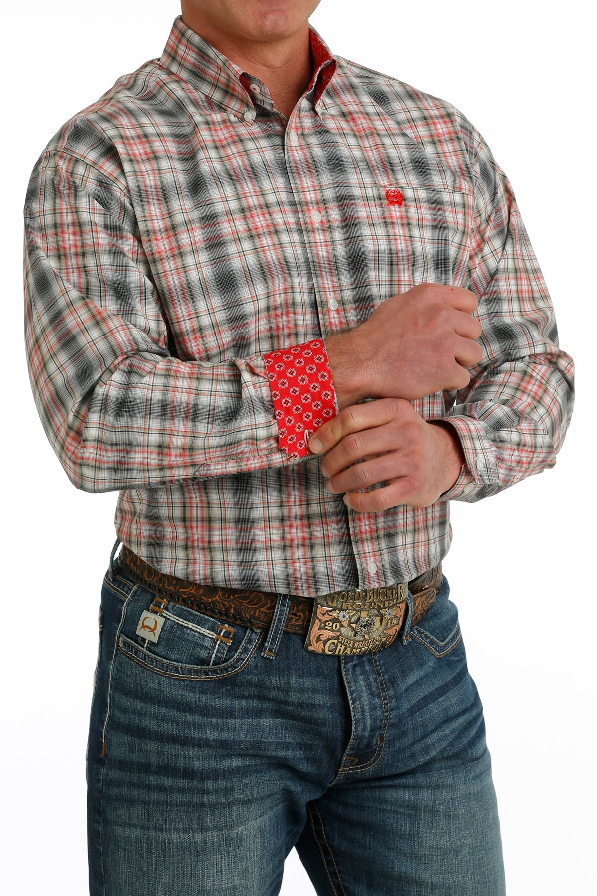Cinch Men's Red/Black/White/Khaki Plaid Button-Down Western Shirt
