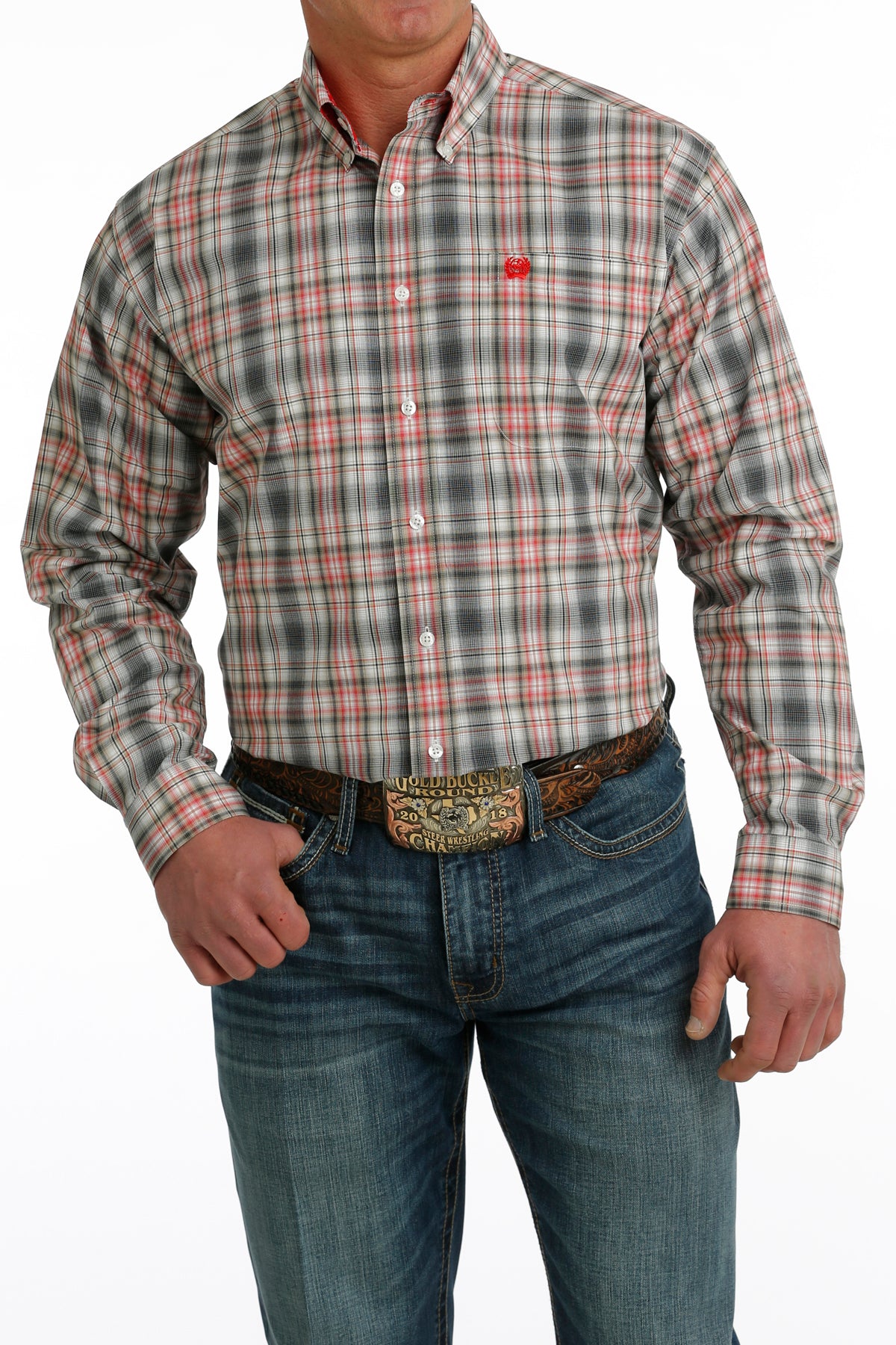 Cinch Men's Red/Black/White/Khaki Plaid Button-Down Western Shirt