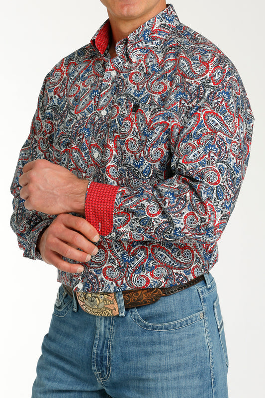 Cinch Men's Blue/Red Paisley Print Long Sleeve Shirt