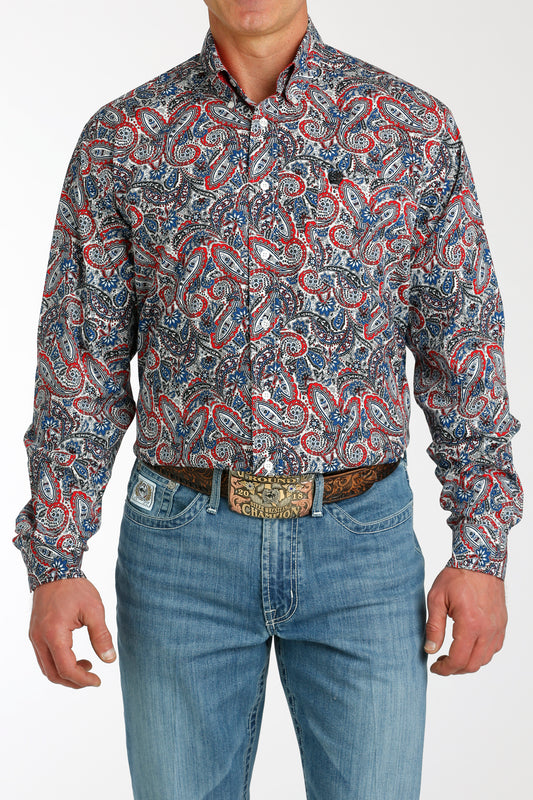 Cinch Men's Blue/Red Paisley Print Long Sleeve Shirt