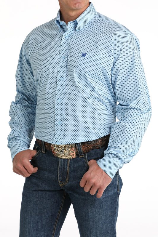 Cinch Men's Stretch Light Blue Diamond Print Button-Down Long Sleeve Shirt