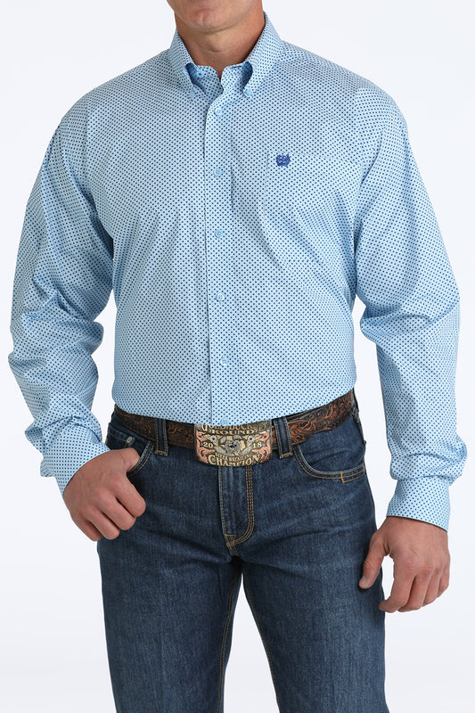 Cinch Men's Stretch Light Blue Diamond Print Button-Down Long Sleeve Shirt