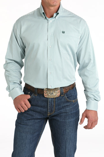 Cinch Men's Green & White Tencel Stripe Button-Down Western Shirt